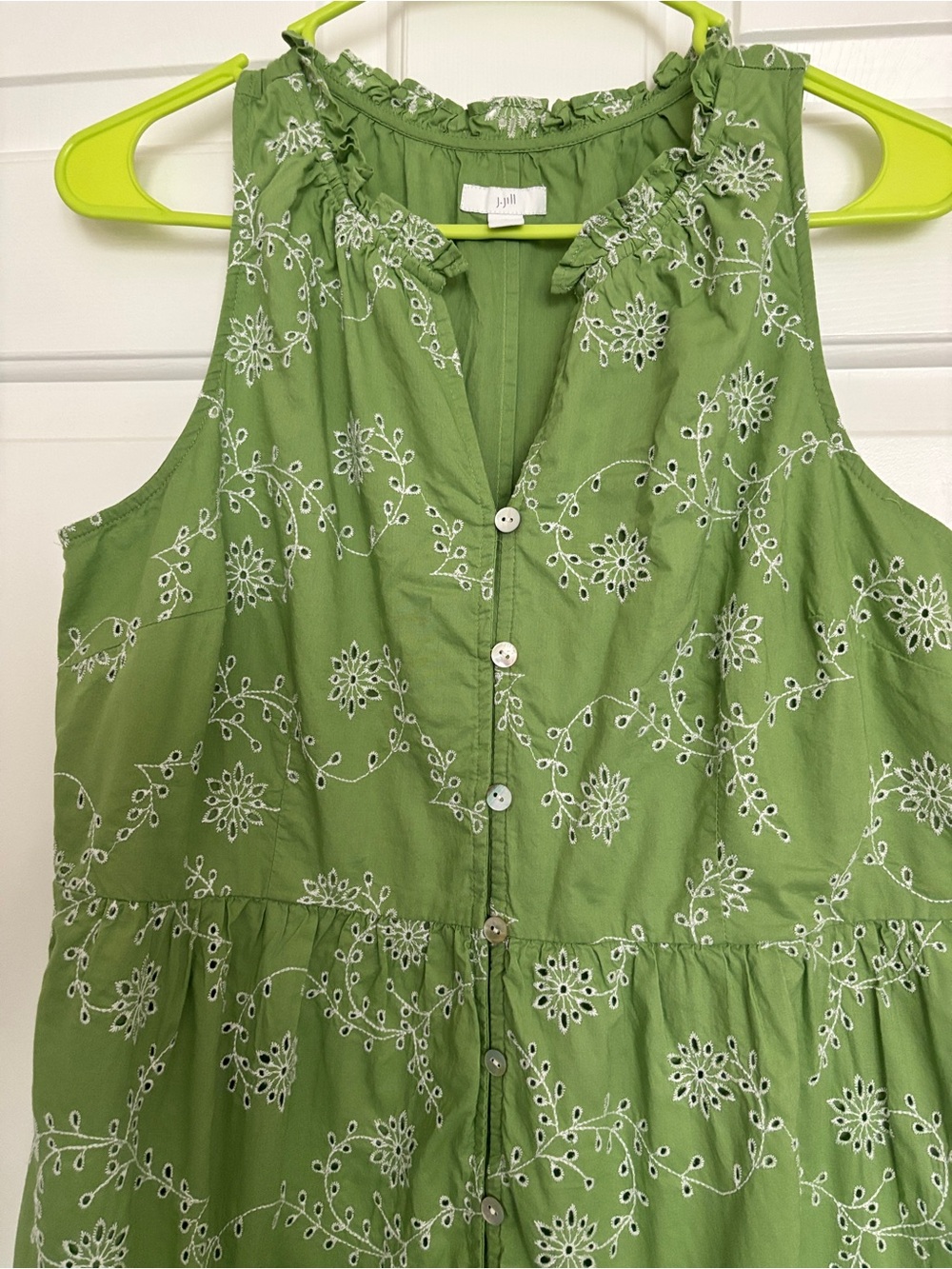 J jill Lime Green Embroidered Sleeveless Lined Cotton Tiered Maxi Dress S EUC